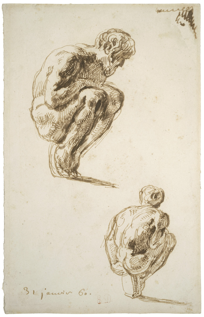 Two studies of a naked man crouching on a stone
